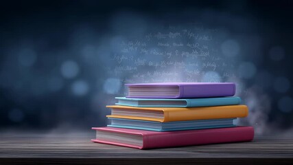 Colorful stacked books resting on a wooden surface with blurred chalkboard filled with handwritten formulas in background. Concept of education, learning, tutoring universities