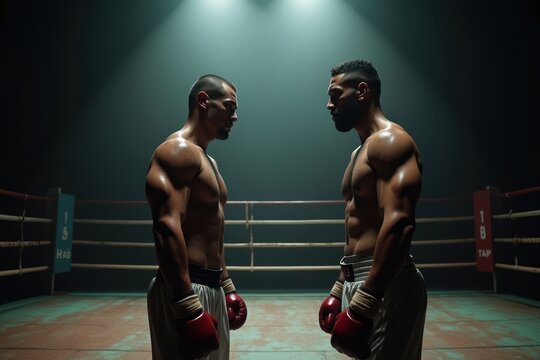 Two boxers face-off under spotlight in dramatic minimalist boxing ring