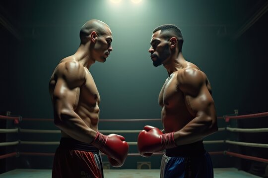 Two boxers face-off under spotlight in dramatic minimalist boxing ring