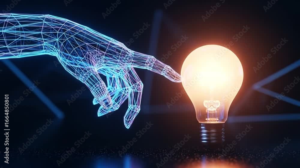 Aufkleber artificial intelligence and innovation: a wireframe hand touching a light bulb, symbolizing the digi