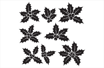 holly leafs christmas set collection pack bundle black shape icon silhouette vector flat illustration vector art design on white background.