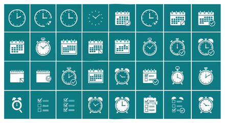 Collection of Various Timekeeping and Scheduling Icons in Engaging Flat Design for Digital Interfaces and Visual Communications
