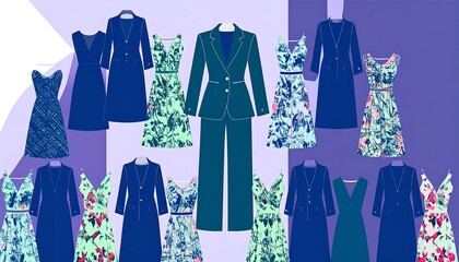 Various women's fashion designs in a range of styles, colors, and patterns; showcasing a collection of dresses, jackets, and suits; depicted in a graphic design format.