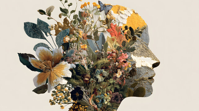 human flower head grow bloom blossom in nature abstract mind mental health spiritual brain imagine inspiring therapy meditation healing art illustration hand embroidery surreal fantasy digital collage