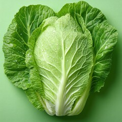 Fototapeta premium Crisp romaine lettuce with droplets of water on its leaves laid on a bright green surface