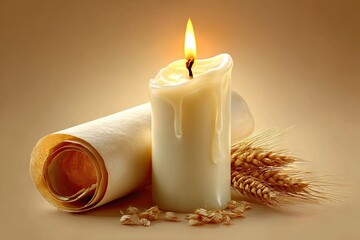 A candle, scroll, and wheat symbolize tradition and knowledge.