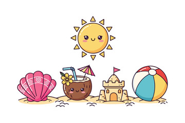 Kawaii cartoon sun and beach items on sand with waves summer