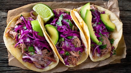 素朴な木製の表面に、豚肉、アボカド、赤キャベツが入ったメキシコのストリートタコスが鮮やかに展示されています