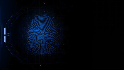Biometric fingerprint scan with luminous ridges and data sparks, dark tech background