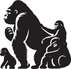 Gorilla Family Silhouette Vector – Black and White Wildlife Illustration of Parent and Baby Apes
