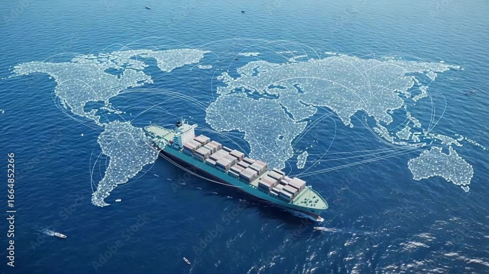 Poster aerial view of container ship sailing on ocean with global network connections overlayed on world ma
