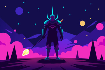 Warrior Standing on Glowing Cosmic Battlefield Concept