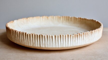 Empty, round, light beige ceramic pie dish with fluted edge
