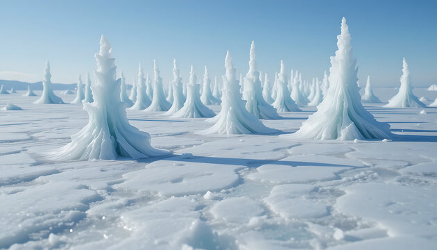 Intricate ice formations rise like natural sculptures from a frozen, snowcovered landscape under a clear blue sky
