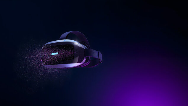 VR headset floating with digital particles streaming from lenses