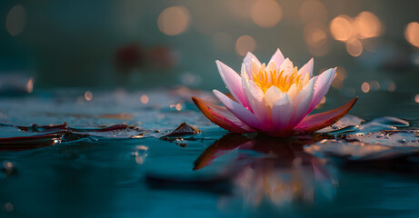 Zen lotus flower on water, meditation, serenity and spirituality concept, 