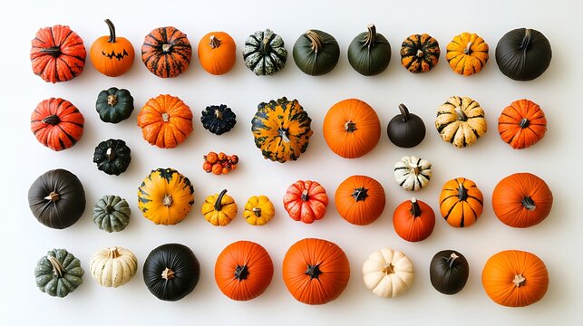 Selection of halloween pumpkins arranged on white background
