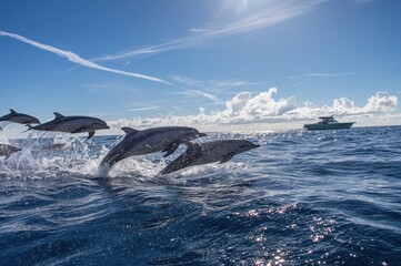 Fototapeta premium Pod of dolphins leaping beside sailboat on sparkling turquoise ocean water