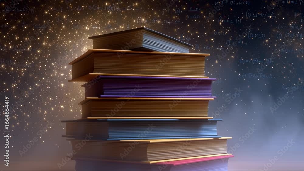 Aufkleber stack of vibrant books glowing with soft light in front of a chalkboard filled with equations. subtl