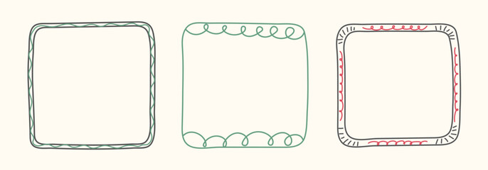 Hand Drawn frame set with doodle squares, ribbons. Whimsical line borders for birthday, christmas, menu, wedding Invitations, photo. Coquette vintage minimal elements in trendy line art style. Vector