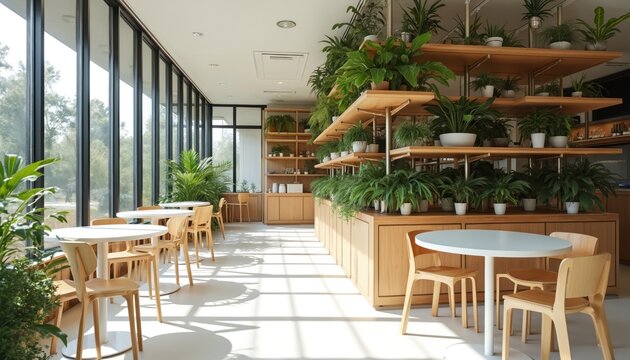 Bright cafe interior with white tables, wooden chairs. Large glass walls, ceiling flood space with sunlight. Abundant green plants on shelves create cozy, natural atmosphere for relaxation or work. - Powered by Adobe