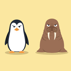 flat vector illustration animal of unfriendly mean personality penguin and walrus