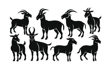 Fototapeta premium Collection of black goat silhouettes standing in various poses isolated on white background