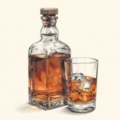 A glass of whiskey with ice cubes rests beside an elegant bottle at twilight