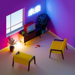 vaporwave neon tv interior isometric