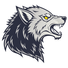 Ferocious wolf head, a wild and angry canine predator with sharp teeth, perfect for mascot or tattoo design, with a growl