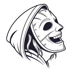 Creepy metal mask with hood, perfect for horror themed designs, halloween, or fantasy illustrations, with a scary and evil grimace