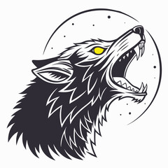 Howling wolf head with moon, a wild and angry canine predator with sharp teeth, perfect for tattoo design, with a fierce howl