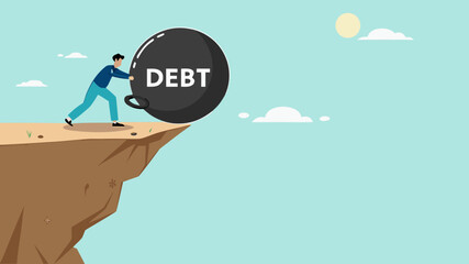 pay off business debt, reduce the burden of obligations, deficit or borrowing due, managing debt, responsibility to pay debtor, businessman pushes the debt burden ball into the canyon