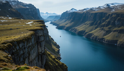 A majestic fjord carved by nature, with steep, grassy cliffs flanking a deep blue waterway where a lone sailboat navigates the serene waters under a vast, partly cloudy sky