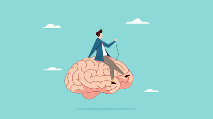recognize thoughts or emotions, creativity or emotional intelligence, Critical thinking in dealing with various situations, growth mindset concept, businessman riding the human brain control the mind