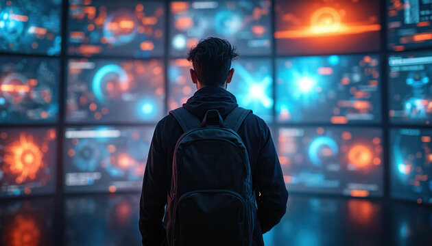 Man with backpack looks at data visualizations on display screens. Tech expert, data scientist architect of transmedia products studies complex data streams. Modern tech, information concept for