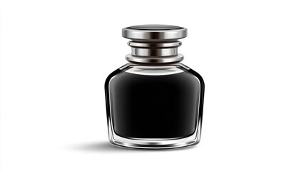 Elegant Glass Ink Bottle with Dark Ink Isolated on White Background