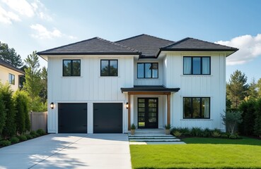 Modern two-story home with pale white walls and dark shingle roof. Features clean driveway leading to double garage and simple, minimalist architectural design with large windows and dark trim.