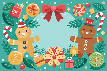 Fototapeta premium Festive Christmas Background Border with Holiday Tree Decorations Baubles and Winter Elements