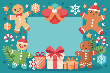 Naklejka premium Christmas Gingerbread Cookie Frame with Candy Canes, Gifts and Holiday Decorations Background