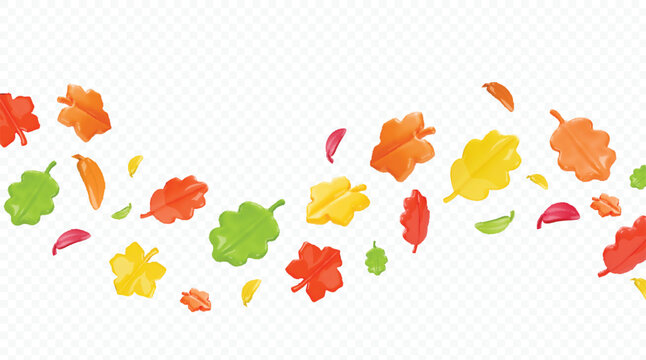 3d autumn leaves, abstract 3d fallen leaves flying in the wind in orange and yellow tones, Autumnal foliage leaves of mountain ash, oak, maple on transparent background