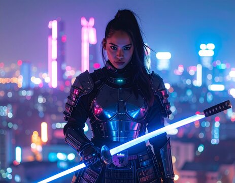 Cyberpunk Samurai Warrior with Glowing Neon Sword in Futuristic City Night