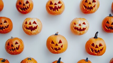 Group of halloween pumpkins with traditional spooky faces on white backdrop