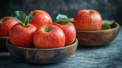Juicy, red apples in rustic wooden bowls create a cozy, inviting kitchen vibe