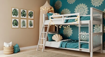 Cozy Bedroom Interior with Bunk Bed and Decor.
