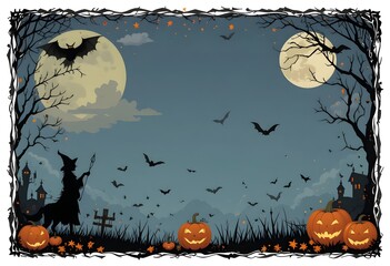 Spooky Halloween Frame with Witch Silhouette, Full Moon, Flying Bats, and Jack-o'-Lanterns &ndash; Dark Night Landscape, Gothic Border, Cartoon Style, Holiday Background, Digital Illustration