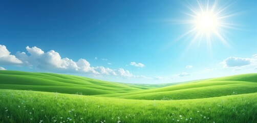 Obraz premium Clear blue sky with bright sun over vibrant green field. Beautiful nature landscape, eco background. Sun shines over grassy meadow. Relaxing scenery. Healthy environment. Ideal for travel, tourism