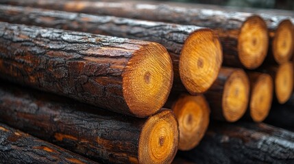 Close up of freshly cut logs stacked, showcasing their rich brown texture