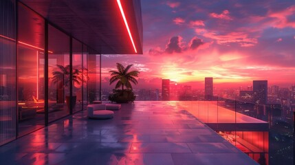 View from penthouse at sunset with palm and city view