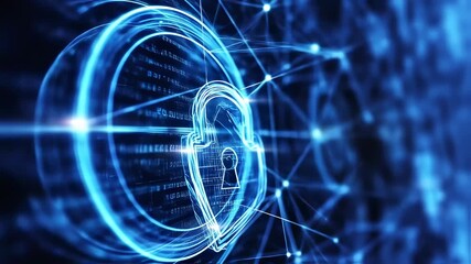 Dynamic Digital Padlock Securing Data Network: Glowing Blue Cybersecurity Protection - Powered by Adobe